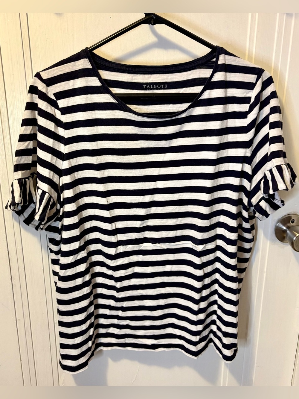 Talbots Black and White Striped Ruffle Sleeve Tee
